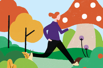 Illustration of a colourful, abstract landscape with a pale blue sky. In the foreground of the image are hedges, flowers, a hedgehog, and a snail. Slightly further from the foreground is a character wearing a purple jumper with red hair tied up in a bun, running towards the right-hand side of the image. In the background are trees and an oversized mushroom.