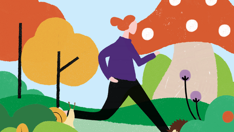 Illustration of a colourful, abstract landscape with a pale blue sky. In the foreground of the image are hedges, flowers, a hedgehog, and a snail. Slightly further from the foreground is a character wearing a purple jumper with red hair tied up in a bun, running towards the right-hand side of the image. In the background are trees and an oversized mushroom.